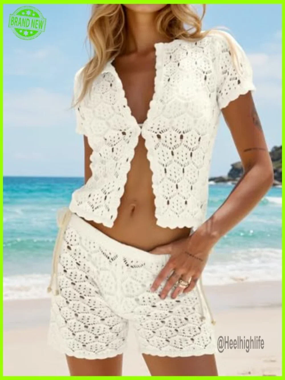 Crochet Cover Up Set 2 Piece Beach Shorts Crop Top Summer Swimsuit